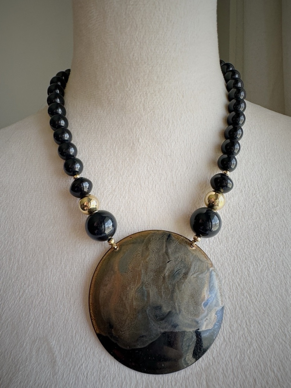 Vintage Maximalist Bold Black and Gold Tone Beaded Oversized Pendant Necklace